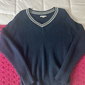 American Eagle Navy Blue V-Neck Sweater with White Trim